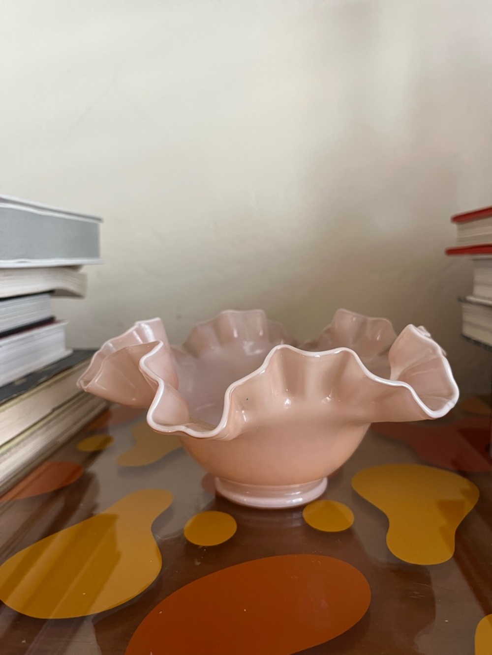 Vtg Fenton Rose Overlay Peach Pink Ruffle Glass Bowl 7” Made In 1940s